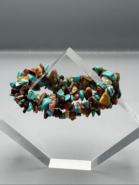 Turquoise and Brown Gemstone Chip Stretch Bracelet